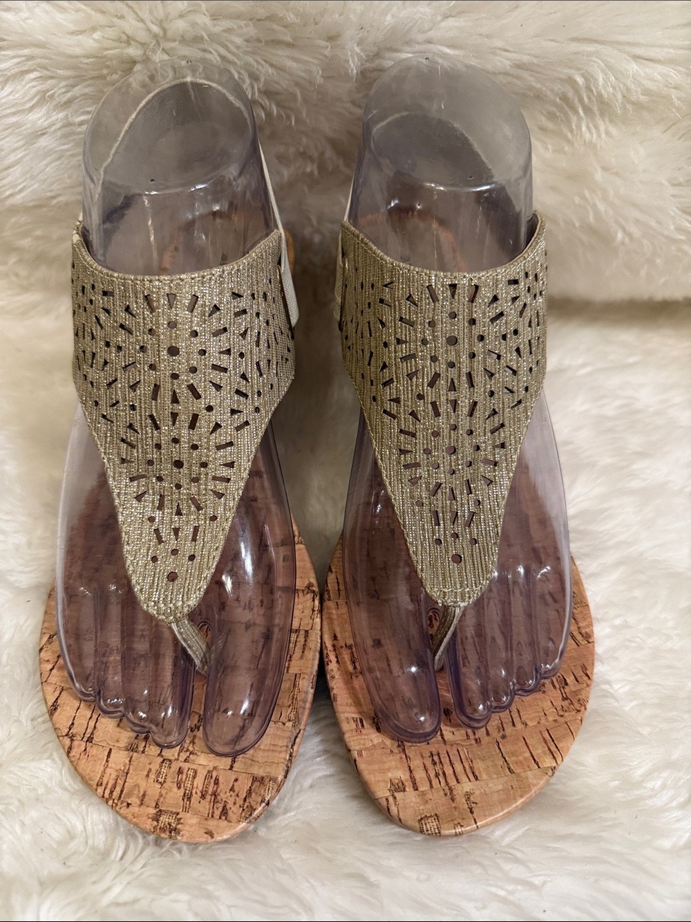 Attention Cork Wedge Sandals Size 6.5 Beige Laser Cut Boho Thong Sandals